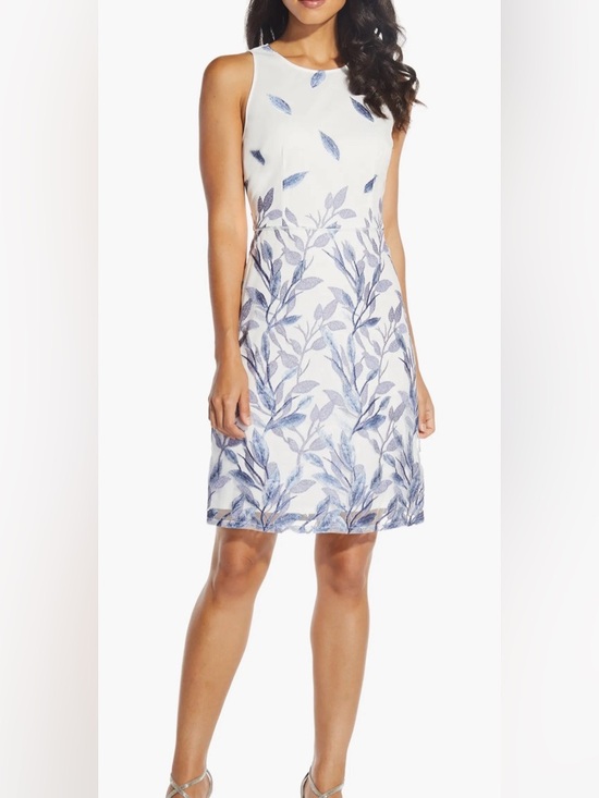 Adrianna Papell Dresses & Skirts - Adrianna Papell White Dress with Blue Leaf Embroidery
(B2)